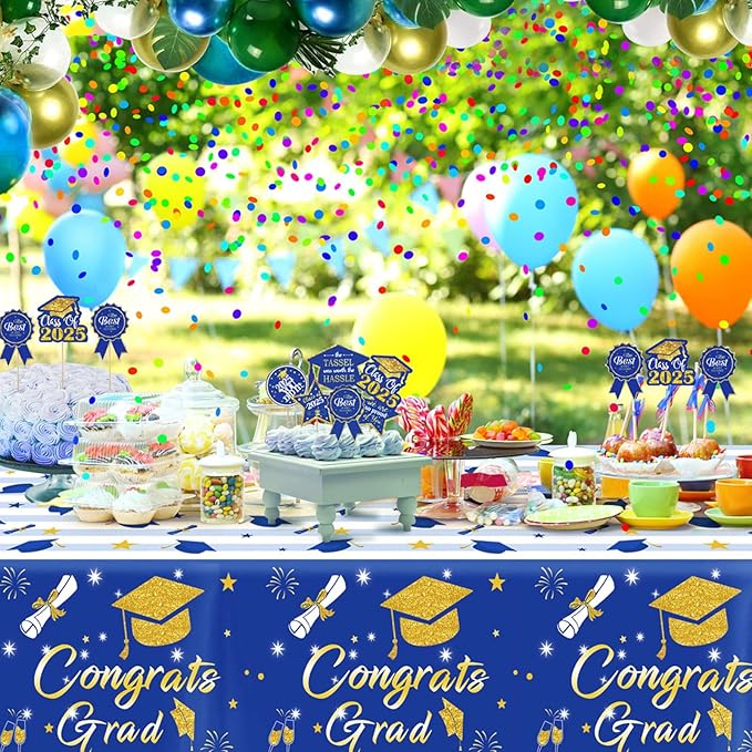 Graduation Tablecloth Party Decorations 2026 3 Pack Blue Large Size 54"x108" Congrats Grad Disposable Rectangle Table Covers Plastic Table Cloth for College High School Class of 2026 Party Supplies
