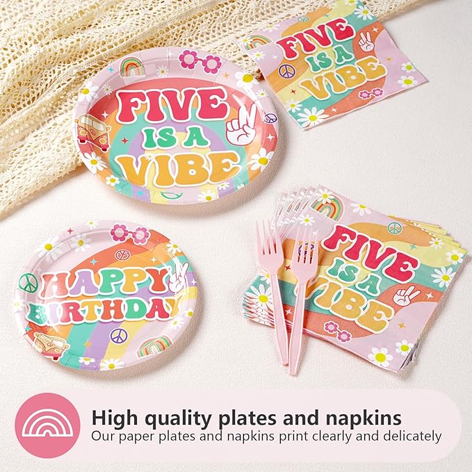 96Pcs Five is a Vibe Birthday Party Decorations Boho Groovy 5th Birthday Plates and Napkins Tableware Sets Rainbow Arch Retro Hippie Party Supplies for Girls 5 Years Old Party Serves 24