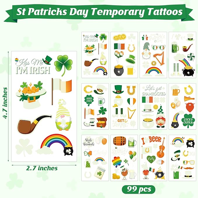99 Pcs St Patricks Day Tattoos, 12 Sheet Luminous St Pattys Tattoos Saint Clover Accessories Temporary Tattoos Glow in the Dark Irish Shamrocks Decorations for Home Saint Patricks Gifts