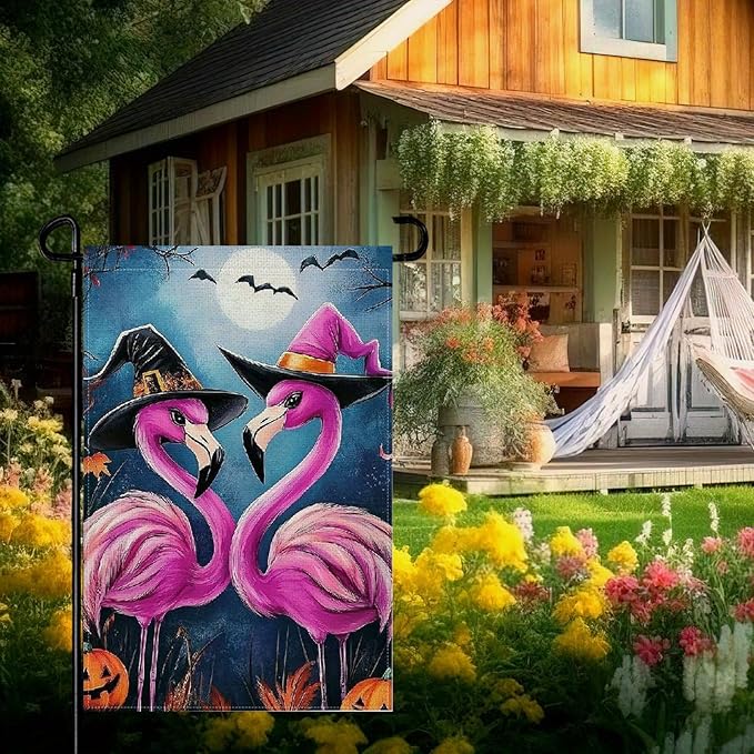 Halloween Flamingo Garden Flag 12x18 Inch Double Sided Outside Funny Seasonal Farmhouse Yard Outdoor Flag