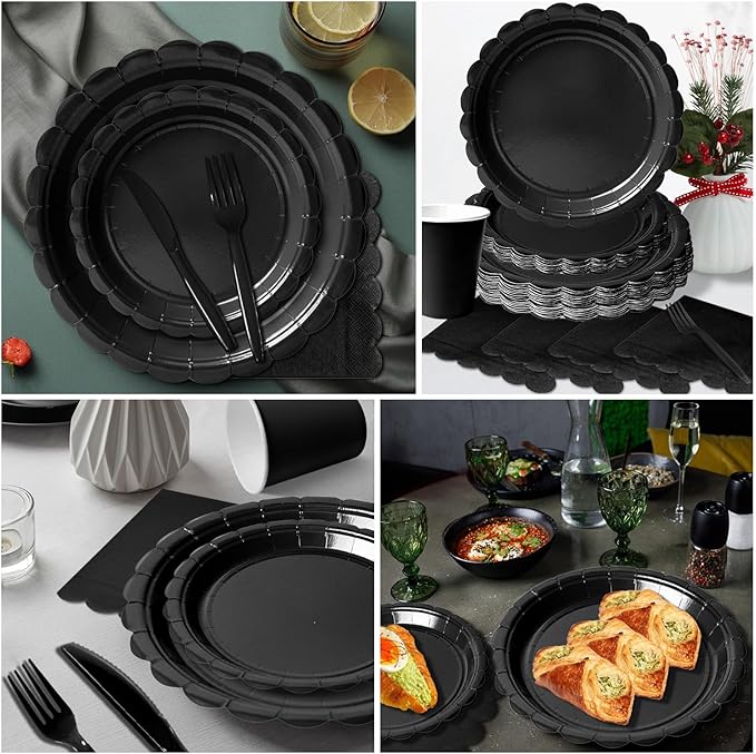 Vyntra 350 Pcs Black Disposable Paper Plates and Napkins Set for 50, 9" Dinner Plates & 7" Dessert Plates, Tableware for Birthday, Graduation, Wedding, Party