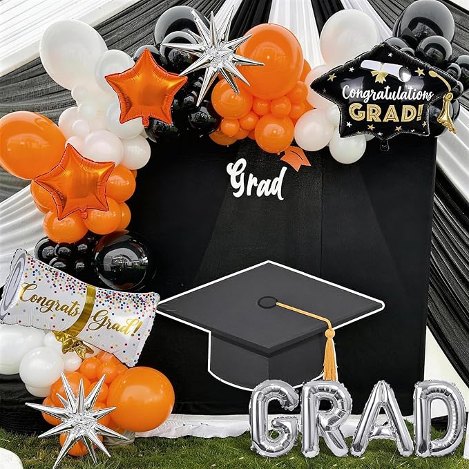 Orange Graduation Balloons Garland Arch Kit, 117PC Orange Black White Graduation Star Print Certificate Grad Foil Balloon with Silver Explosion Star Balloon for Graduate Class of 2026 Prom Party Decor
