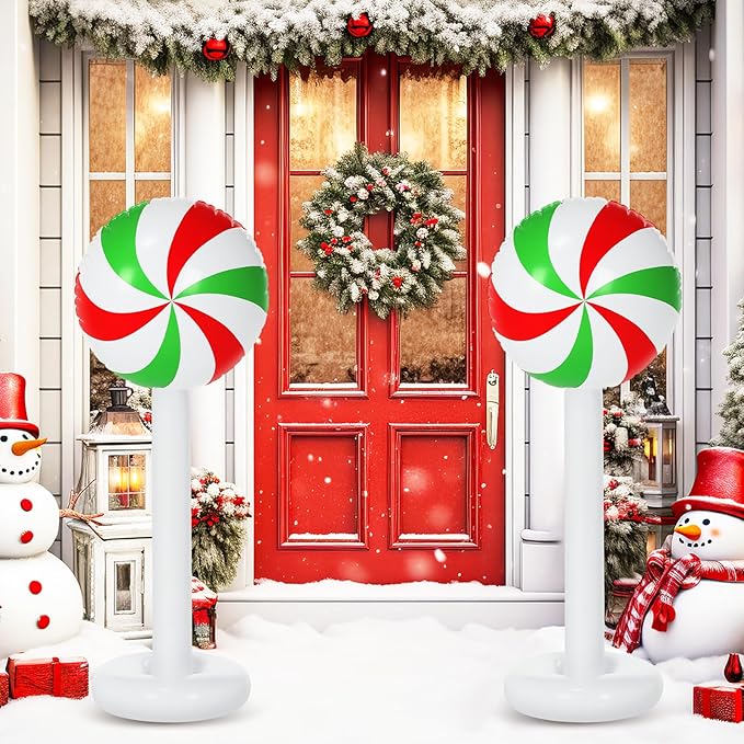 2 Pcs Christmas Inflatable Outdoor Decorations 4 FT Christmas Candy Inflatable Column Decoration for Winter Xmas Lawn Yard Garden Home Decor