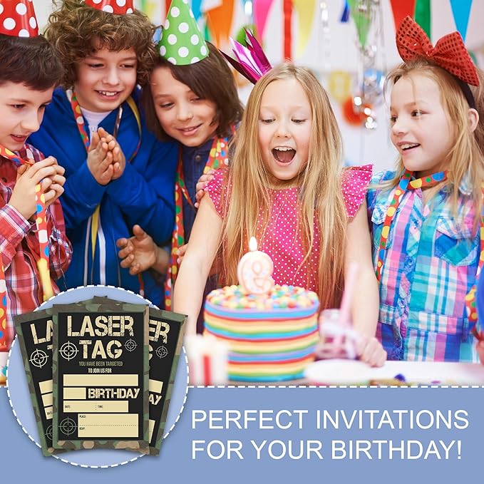 Laser Tag Camo Birthday Party Invitations, Laser Tag Theme Invites Cards, 20 Count with Envelopes, 4 x 6 Double Sided Printed Fill In Blank, Party Supplies for Boys Girls Teen