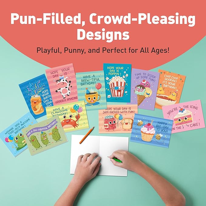 Sweetzer & Orange Funny Birthday Cards Bulk Set – 24 Punny Cards (12 Designs, 2 Each) with 24 Colorful Envelopes & Storage Box – Funny Messages – Cute Birthday Cards for Kids, Adults, Friends & Family
