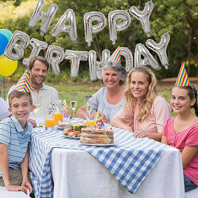 KALOR Silver Happy Birthday Balloons Banner, 16 Inch Mylar Foil Letters Balloon Sign for Birthday Party Decorations Photo Booth Backdrop