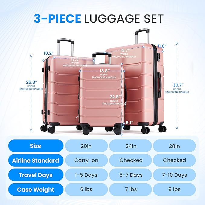 Simple Deluxe 20/24/28 Inch Expandable Hardside Carry On with Spinner Wheels & TSA Lock, ABS Hard Shell Lightweight Rolling Luggage Suitcase, Pink
