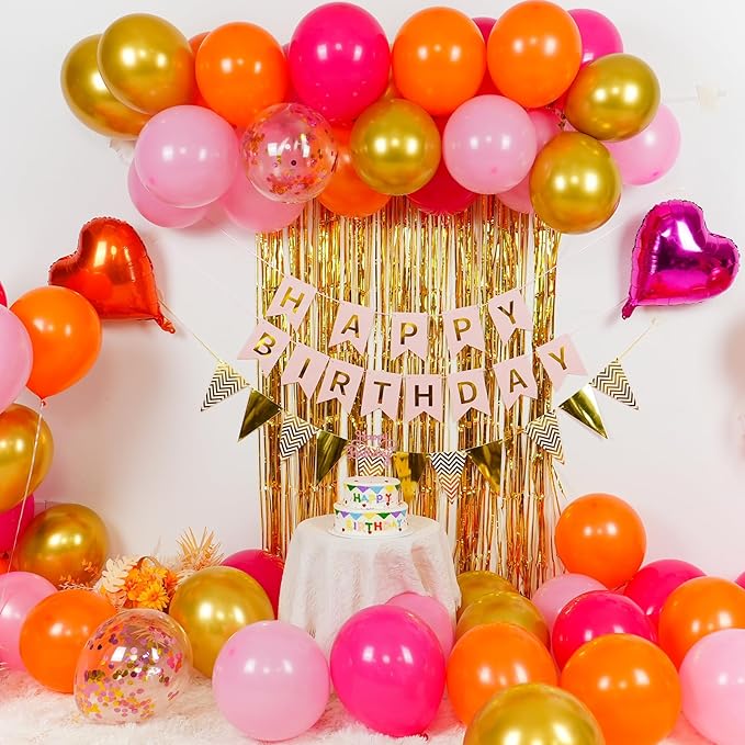 Pink Orange Party Decorations,Birthday Decorations with Hot Pink Orange Gold Balloons Happy Birthday Banner Fringe Curtain for Girls Women Teens Kids Party Decor