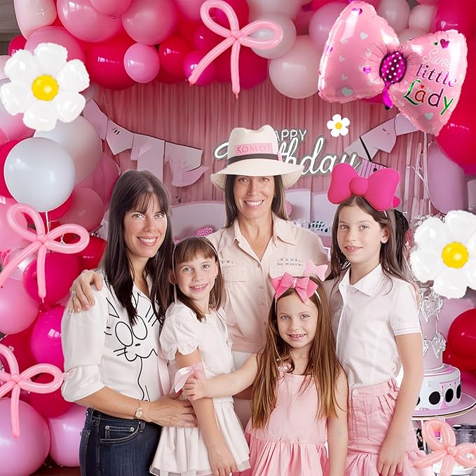 Hot Pink and White Daisy Bow Balloon140pcs with DIY Bow Daisy Balloons for Cute Cartoon Birthday Girl Bow theme Baby Shower Party Coquette birthday decorations