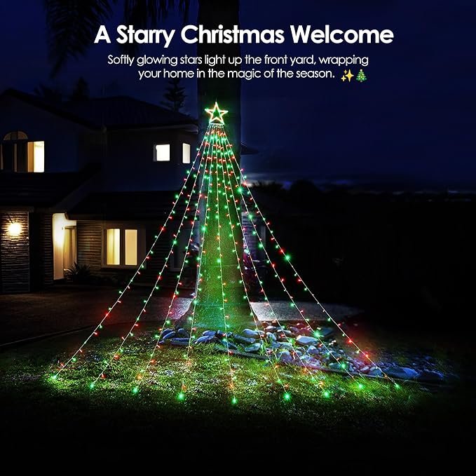 WBao 344 LED Christmas Lights Outdoor Decorations with 12" Star Topper, 11.9ft Waterfall Christmas Lights, Remote Control 8 Modes, Timer, UL Listed Waterproof for Tree Roof Porch Decor, Red Green