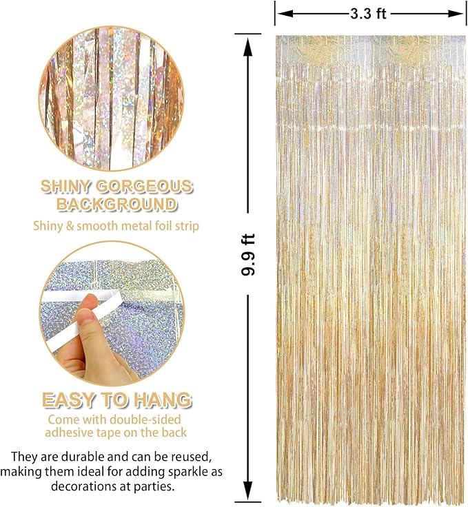 Crosize 2 Pack 3.3 x 9.9 ft Laser Champagne Gold Foil Fringe Curtains Party Decorations,Tinsel Curtain Backdrop for Parties, Door Streamers, Glitter Streamer Backdrop for Birthday Decoration