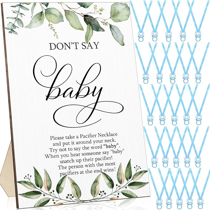 Geetery 51 Pcs Don't Say Baby Game Sign Greenery Cool Baby Shower Game 50 Pacifier Necklace Wooden Don't Say Sign Plastic Pacifier Party Favor for Gender Reveal(Greenery,Blue)