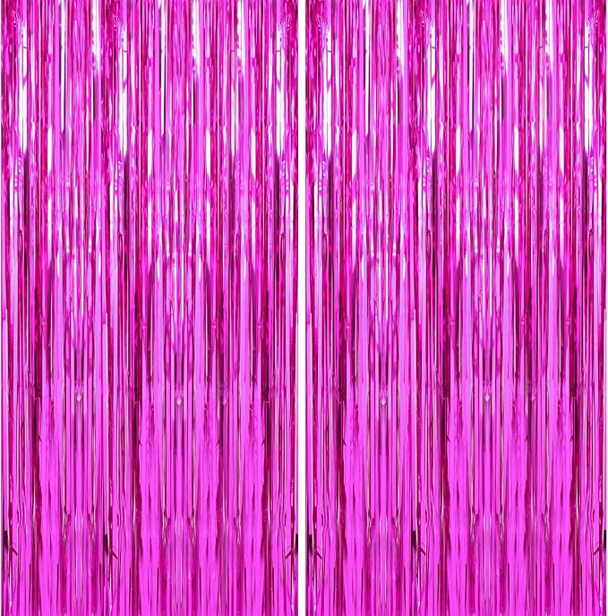 Crosize 4 Pack 3.3 x 9.9 ft Hot Pink Foil Fringe Curtains Party Decorations,Tinsel Curtain Backdrop for Parties, Door Streamers, Glitter Streamer Backdrop for Birthday Decoration