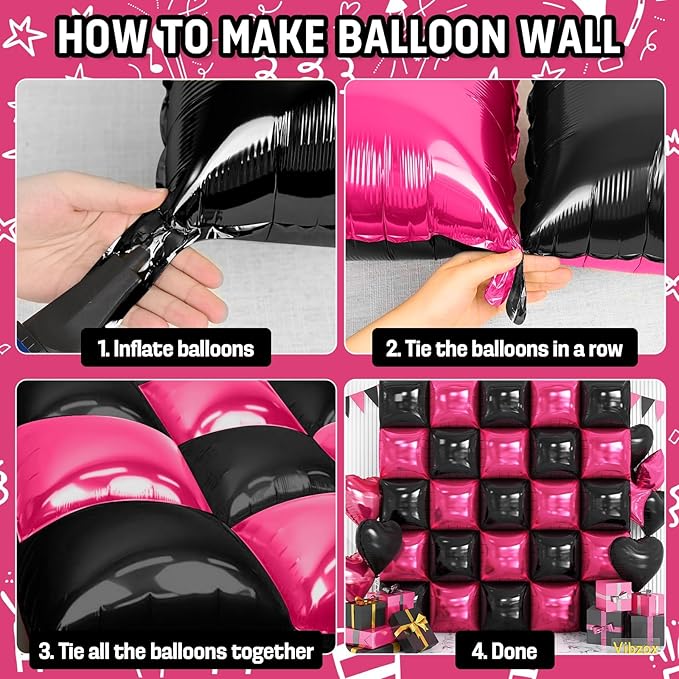Pink and Black Square Foil Balloons Wall, Double Sided Chrome Hot Pink Black Balloons Tunnel Arch Kit Backdrop for Girl Birthday Party Wedding Engagement DIY Hula Hoop Decorations
