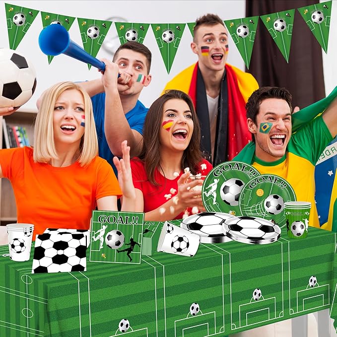 Soccer Birthday Party Decorations Tableware Set Soccer Party Supplies Soccer Theme Party Decorations Paper Plates Napkins Cup Tablecloth and Banner for Boys Girls Sports Theme, 24 Guests