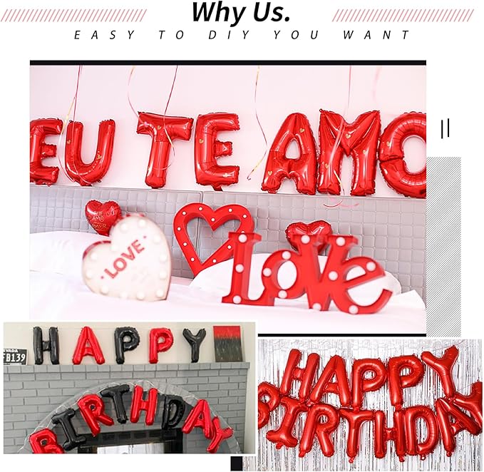 [85 PCS] 16" Red Letter Number Balloons, Happy Birthday & 2 Sets of A-Z 0-9, Foil Mylar Aluminum Hanging Alphabet for Valentine's Day Anniversary Graduation New Year eve Birthday Party Decorations