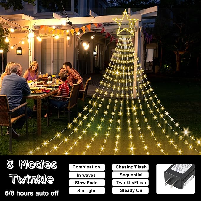 Onory Christmas Outdoor Star String Lights 23FT 860 LED Waterproof Waterfall Tree Lights with Star Topper, 8 Modes Christmas Decorations Outdoor Tree Lights for Patio, Yard, Party Holiday Dec