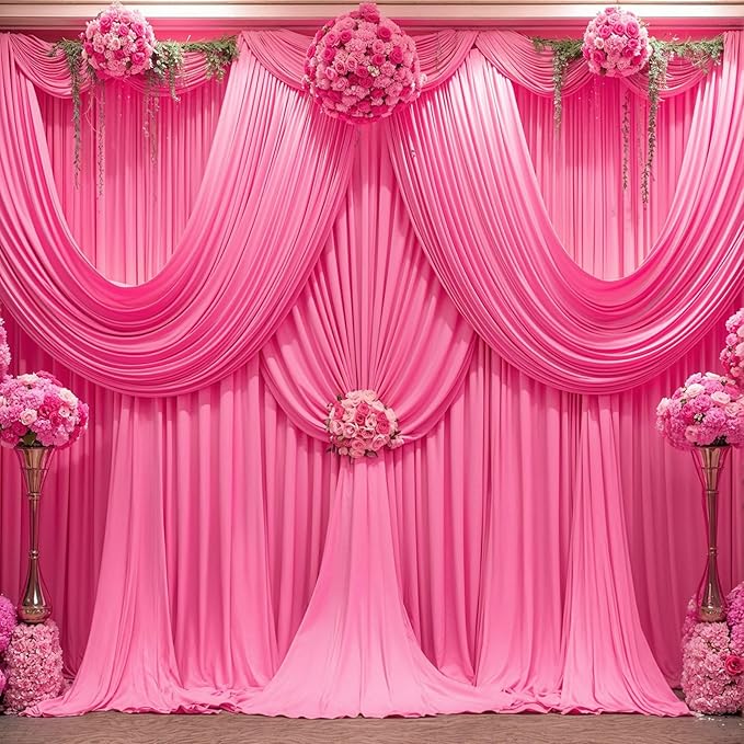 16x10FT Hot Pink Backdrop Curtains for Wedding Parties, Wrinkle Free Polyester Photography Backdrop Drapes for Wedding Baby Shower Birthday Parties Stage Background Stand Decorations 4x10ft,4 Panels
