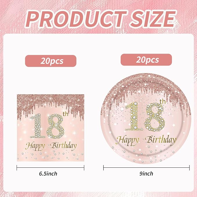 18th Rose Gold Birthday Plates and Napkins, 9 Inch Pink Rose Gold Disposable Dinner Dessert Plates Happy 18th Birthday Party Supplies Decorations for Girls Women