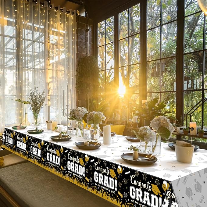 12Pack Graduation Tablecloth Party Decorations, Class of 2026 Congrats Grad Plastic Tablecover Party Supplies, Black and Gold Rectangle Graduation Table Decor for College High School Party, 54x108Inch