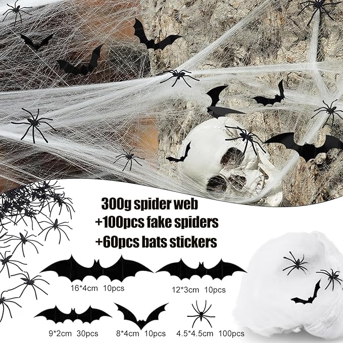 Halloween Decoration Outdoor, 1600sqft Spider Webs Halloween Party Decorations with 100Pcs Fake Spiders and 60Pcs Bats for Exterieur, Indoor Outdoor Party Supplies