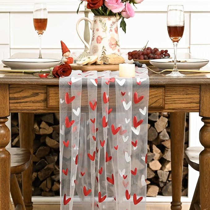 Artoid Mode Red Heart Gauze Table Runner 120 Inch 10FT,Glitter Metallic Foil Valentine’s Day Sheer Dining Anniversary Wedding Table Decor for Home Party