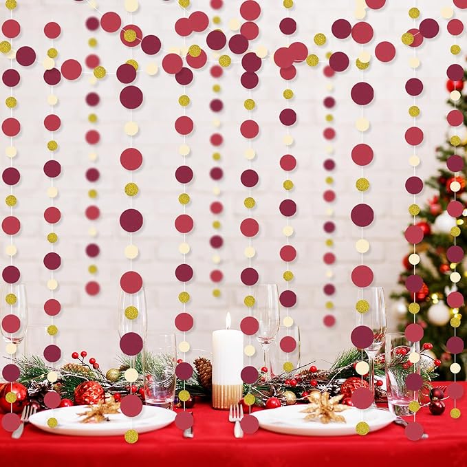 Outus 5 Pieces Maroon,Gold Round Dots Garland Easter Graduation Party Hanging Decor Each Length 13.1ft Glitter Paper Dot Streamers for Birthday Wedding Classroom