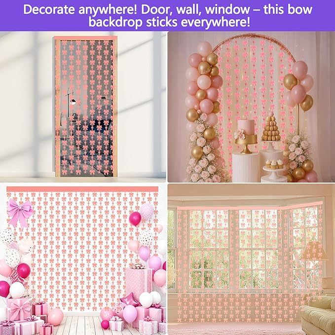 Pink Bow Birthday Decorations 2 Pack, 3.3x6.6ft Bow Backdrop Glow in The Dark Party Supplies, Pink Tinsel Backdrop Door Streamers Themed Party Decor, Foil Fringe Curtains for Baby Shower Halloween
