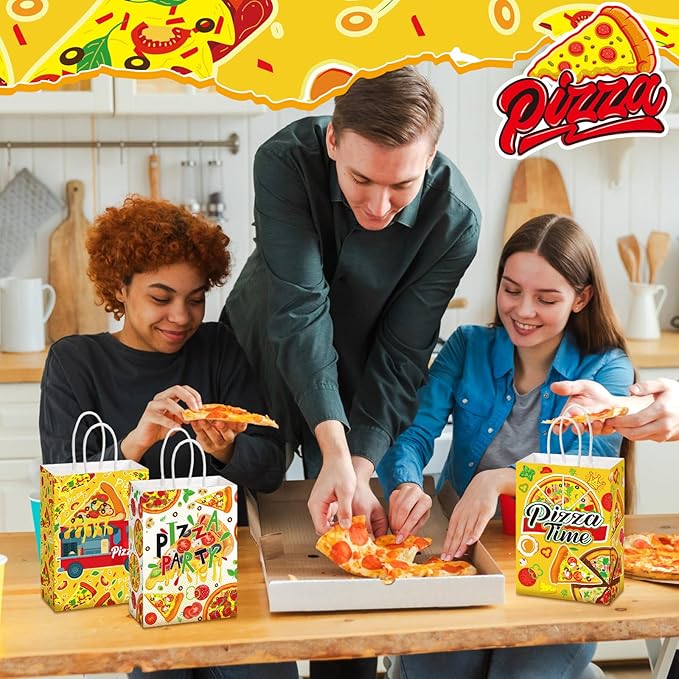 24 Pcs Pizza Party Favors Paper Gift Bags with Handle Decorations Pizza Candy Goodie Treat Bags Large Birthday Party Supplies for Baby Shower, 6 Styles