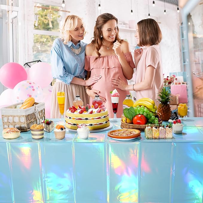 6 Pack Iridescent Light Blue Tablecloth for Parties, Pastel Blue Holographic Plastic Table Cover, Disposable Laser Baby Blue Table Cloth for Birthday Wedding Baby Shower Party Decorations, 54x108 Inch