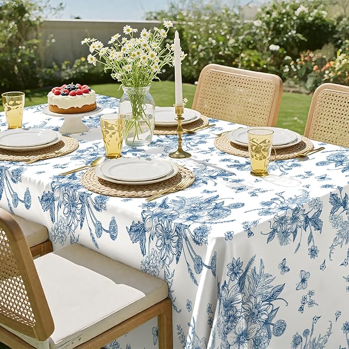 3 Pack Blue Floral Tablecloth, 54 X 108Inch Plastic Tea Party Tablecloths Disposable Vintsage Table Cloths Blue and White Porcelain Tables Decor for Mother's Day Birthday Garden Wedding Tea Party