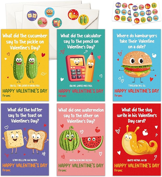 Pawzity 36 Packs Valentines Day Cards for Kids - Funny Valentines Day Gifts for Kids Classroom School Party Favors, Boys, Girls, Toddlers - 3.2''x 4.7'' Puns 6 Designs Exchange & Envelopes, Stickers