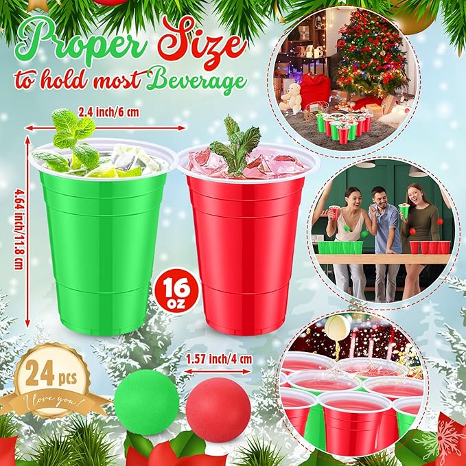 32 Pcs Christmas Party Game Set Include 16oz Red Green Plastic Cups with 8 Balls, Beer Cups for Xmas Holiday House Party Favor Birthday BBQ Outdoor Toss Game Supplies