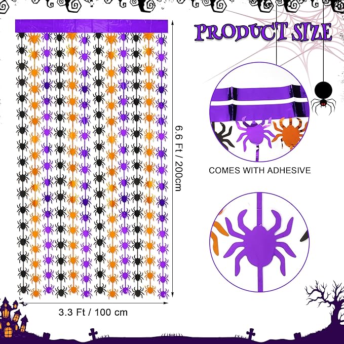 Halloween Party Decorations,2 Pack Orange Purple Black Spider Metallic Foil Fringe Curtains, 3.3 X 6.6 Ft Photo Booth Props Streamers Backdrop for Halloween Party Supplies Haunted House Decor