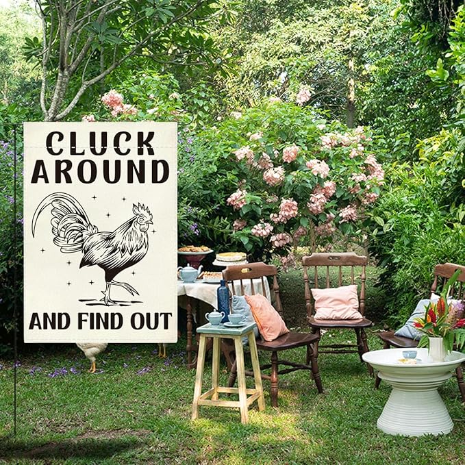 Funny Garden Flag Farmhouse Chicken Cluck Around and Find Out Flag Decor for Yard Veranda Patio Outdoor Double Sided Garden Flags 12 x18 inches