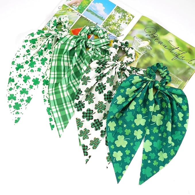 4pcs St.Patrick's Day Hair Ties for Woman Girls Green Plaid Shamrock Ribbon Hair Scrunchies Elastic Irish Lucky Leaf Hair Tie St.Patricks Party Supplies Hair Accessories
