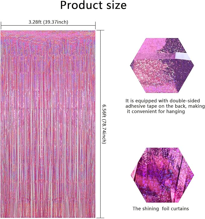 Pink Foil Fringe Curtains Party Decorations, 3.28x6.56ft Sparkling Streamer Tinsel Backdrop for Girls/Princess Birthday Party