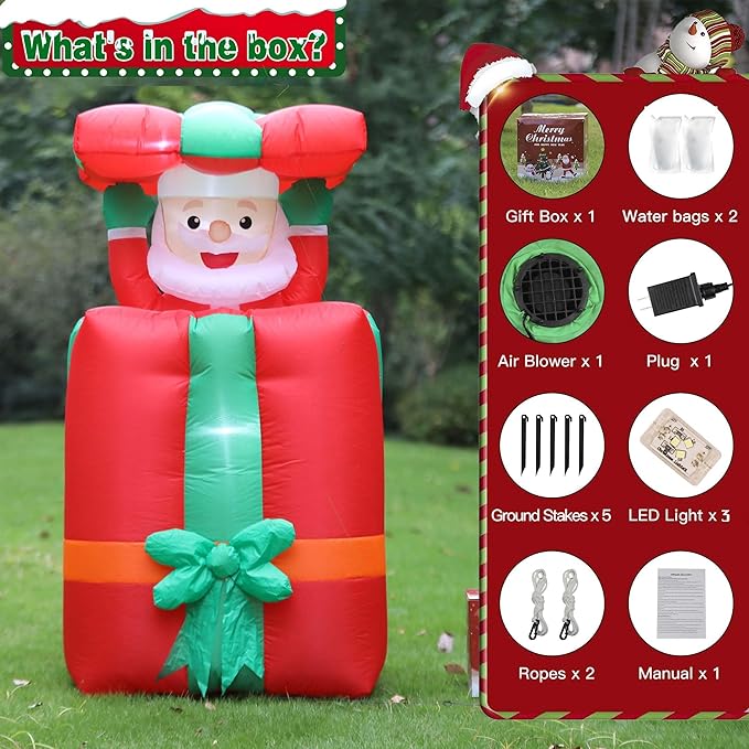 5FT Christmas Inflatables Decorations with Pop Up Movable Santa Claus Huge Gift Boxes, Bright LED Lights Blow Up Christmas Decor for Yard Outdoor Indoor Fall Vacation Holiday Party Lawn