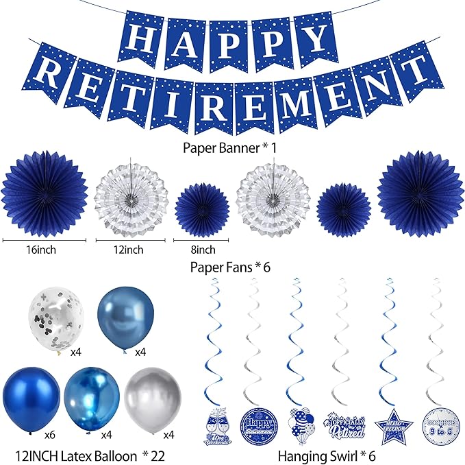Holkcog Blue Retirement Party Decorations for Women, Silver Blue Happy Retired Banner Backdrop Paper Fan Hanging Swirls for Coworker, I'm Retired Cake Top & Honeycomb Set, Great for Retiring Women