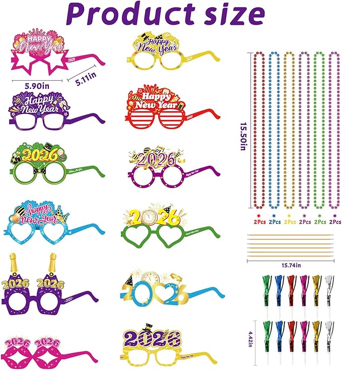 HOWAF New Years Eve Party Supplies 2026, 48 Pieces Colorful New Years Eve Hats Happy New Year Headband 2026 Glasses Party Blowouts and Necklace NYE Party Supplies New Years Eve Accessories Kit