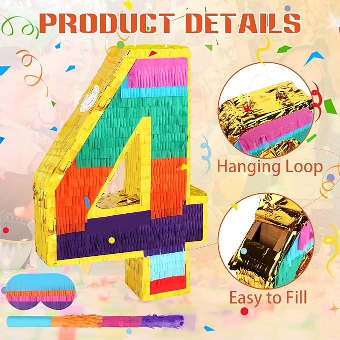 Rainbow Number 4 Pinata for Kids 4th Birthday Party Supplies, Fiesta, Centerpieces, Anniversary Celebrations (16.1 x 10.6 x 3.2 Inches)