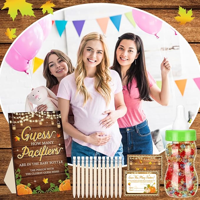 Syhood Fall Baby Shower Games Guess How Many Pacifiers Pumpkin Game Sign 50 Small Guessing Games 20 HB Pencils 750 ml Milk Bottle 400 Acrylic Pacifiers Decorations Guests Gender Reveal Party Favors