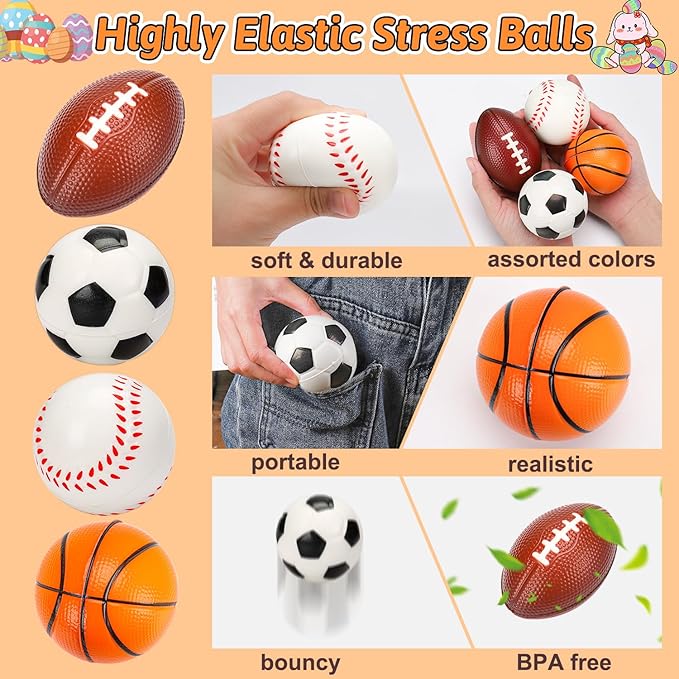16 PCS Stress Balls Party Favor for Kids 8-12 Goodie Bag Stuffers Squeeze Toys Classroom Prizes for Kids Pinata Stuffers Boys Birthday Easter Eggs Fillers Gifts Sport Foam Bouncy Balls Bulk Small Toys