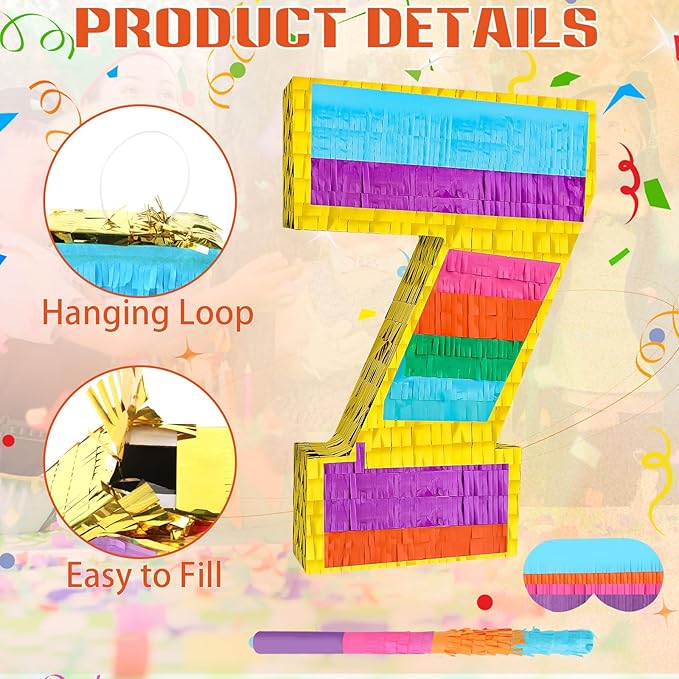 Rainbow Number 7 Pinata Birthday Decorations for Kids, Rainbow Pinata with Bat Stick Blindfold for Boys Girls 7th Birthday Celebrations Baby Shower Party Supplies (16.1x10.6x2.9 Inches)