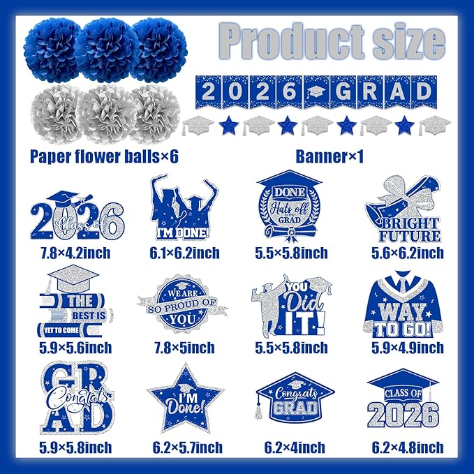 Blue and Silver Graduation Decorations, 2026 Grad Banner and Congrats Grad Hanging Swirls, Blue Graduation Banner Graduations Hanging Swirls College Graduations Party Decorations Class of 2026