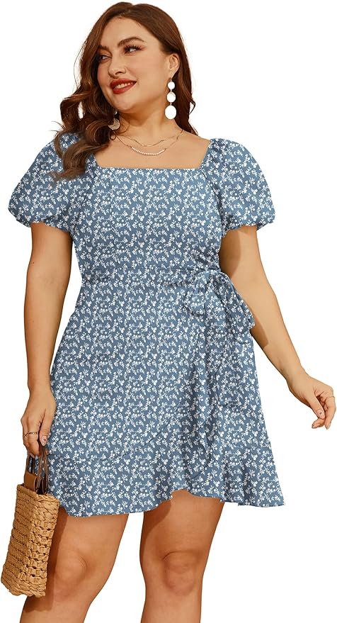 Sampeel Womens Summer Dresses Square Neck Puff Sleeve Tie Waist Short Dress