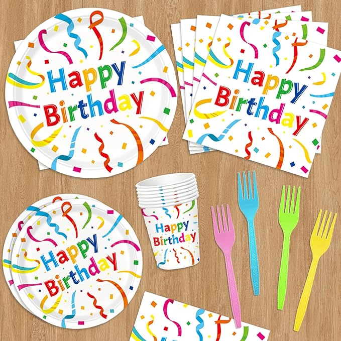 120Pcs Birthday Plates and Napkins Party Supplies Set, Serves 24 Guests Birthday Paper Plates and Napkins, Cups, Forks, Multicolor Birthday Design for Kids Boys Girls Party Decorations