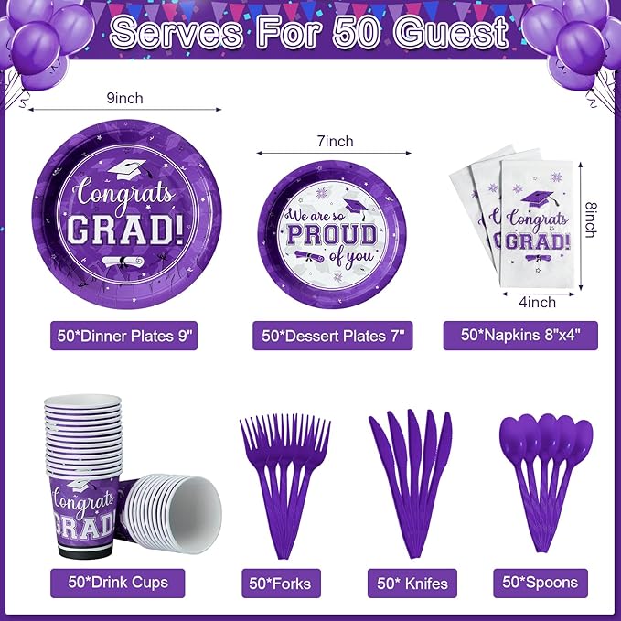 Graduation Party Supplies Congrats Grad Plates and Napkins Set Serve 50, Disposable Tableware Paper Plates Napkins Cup Knive Spoon Fork Straw for Class of 2026 Graduation Party Decorations Purple