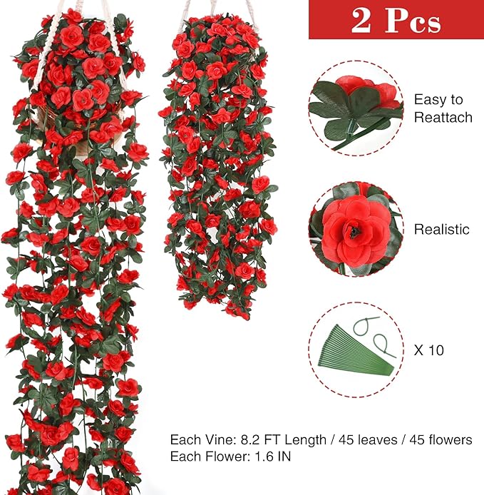 BLEUM CADE 2Pcs 16.4Ft Flower Garland Artificial Rose Vines for Bedroom, Cute Fake Hanging Flower Vines Floral Garland Decorations for Wedding Party Wall Room Decor Aesthetic