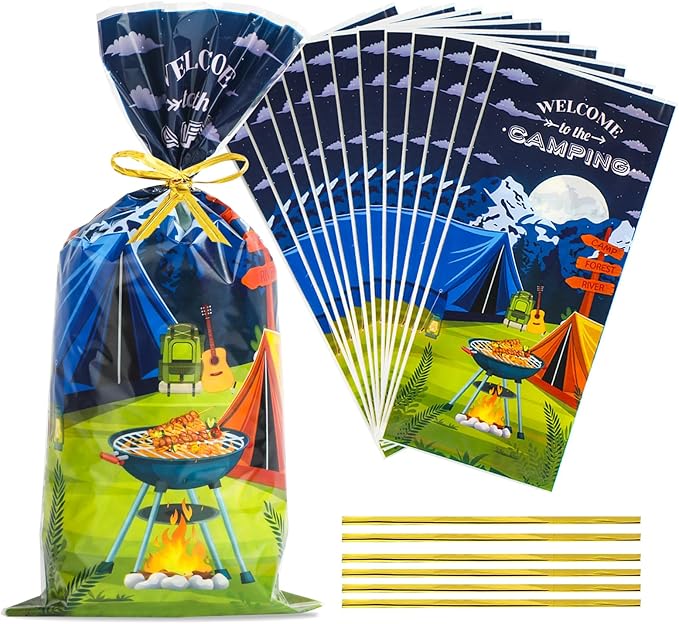 Docvania Camping Cello Cellophane Treat Gift Bags Camp out Cookie Bags 100 pcs 5 X 11 Camp Goodie Bag with Ties for Camping, party decorations and festivals